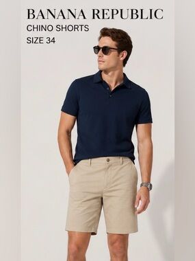Banana Republic Men’s Khaki Chino Shorts Size 34 Stretch Flat Front Casual Golf